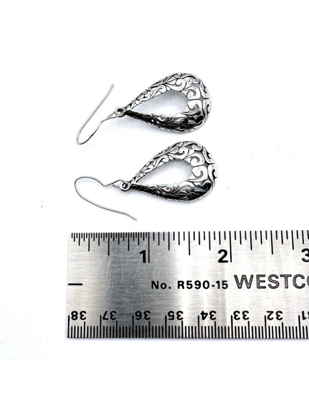 Vintage Filigree Sterling Silver Earrings Dangle Teardrop Art Nouveau Jezlaine - Picture 7 of 10